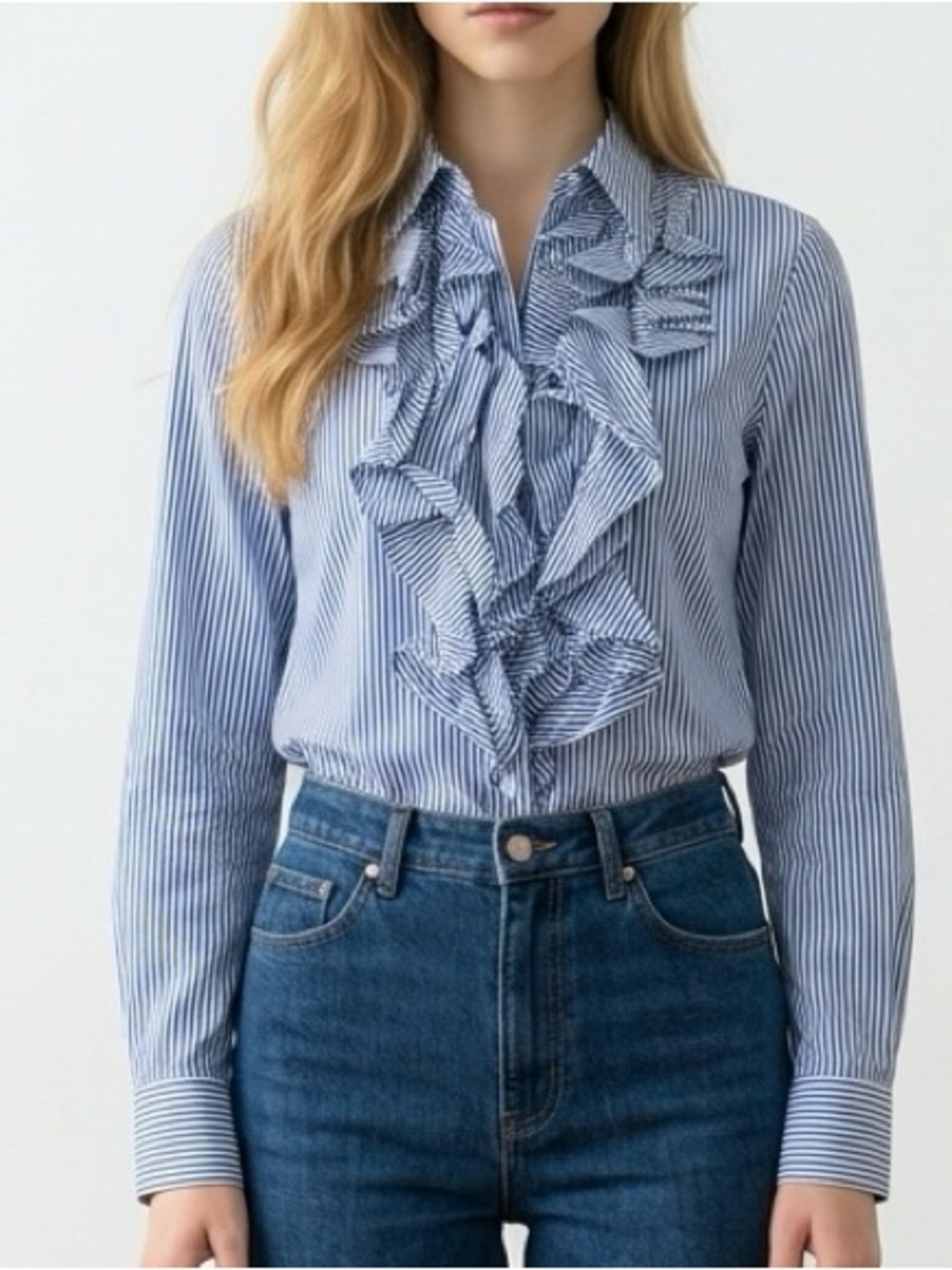 Ralph Lauren Blue Striped Ruffle Front Button-Down Blouse